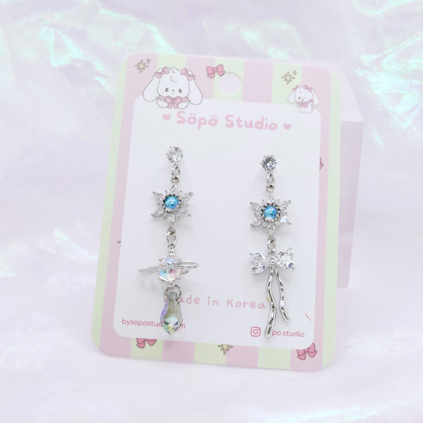 Fairy Ribbon Asymmetrical Opal Korean Dainty Style Earrings