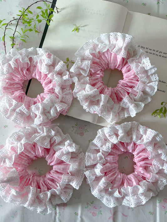Dreamy Pink Summer Cotton Lace Scrunchie