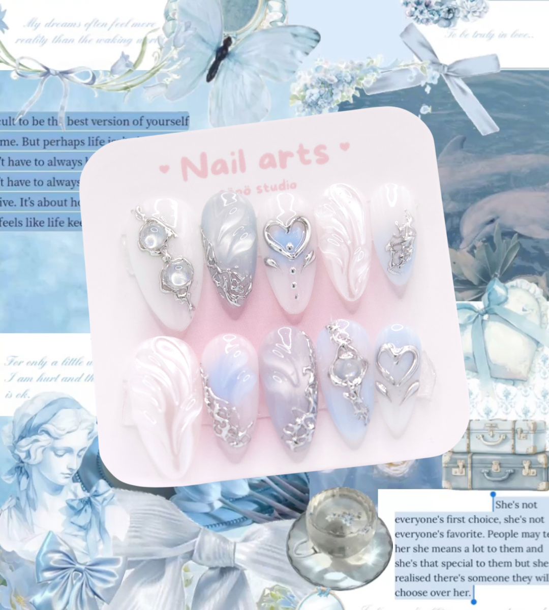 Pastel Blue Metallic Heart Dreamy Press-on Nails