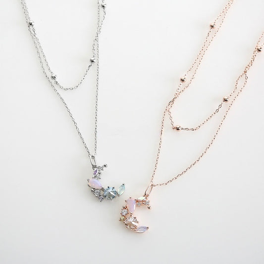 Layer Crystal Crescent Moon Cute Korean Necklace - 2 colors