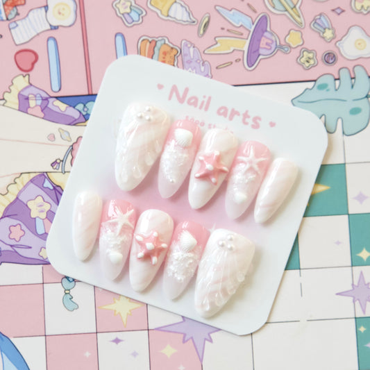Pastel Pink Shellfish Ocean Themed Hand Draw Handmade Press-on Nails