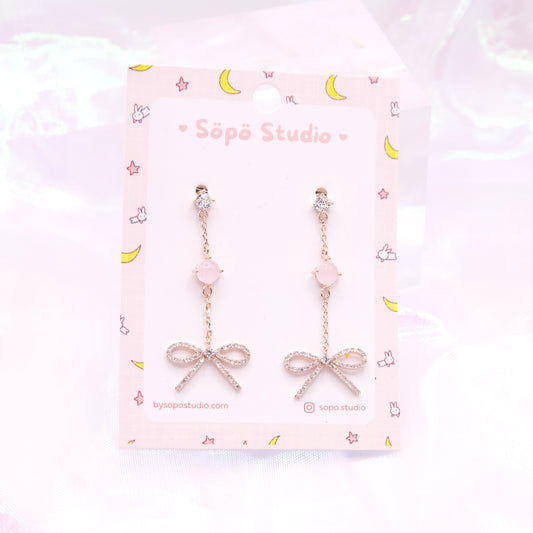 Ribbon Pink Pastel Crystal Dangle Cute Korean Earrings