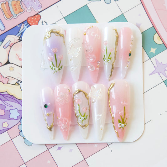 Tulip Pink Purple Princess Hand Draw 3D Gel Handmade Press-on Nails