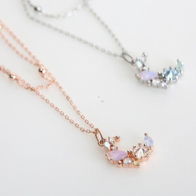 Layer Crystal Crescent Moon Cute Korean Necklace - 2 colors