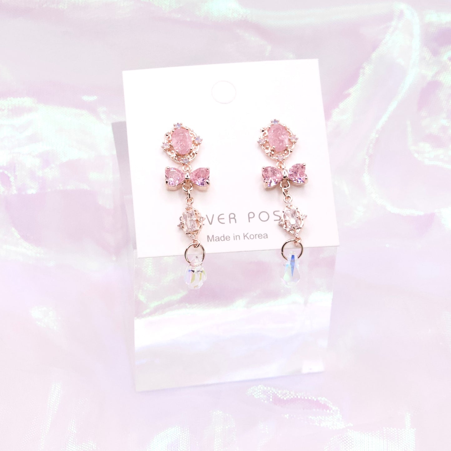 Pastel Pink Crystal Bow Drop Korean Dainty Style Earrings