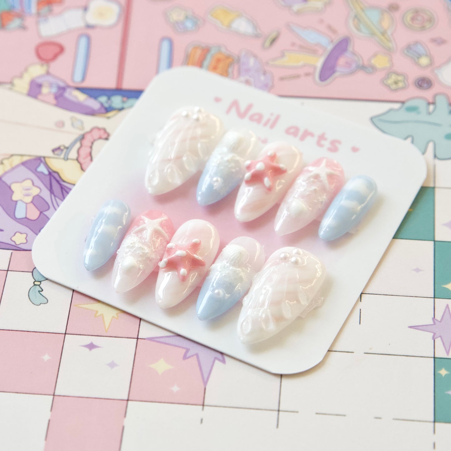 Sky Pink Blue Holiday Shellfish Ocean Themed Hand Draw Handmade Press-on Nails