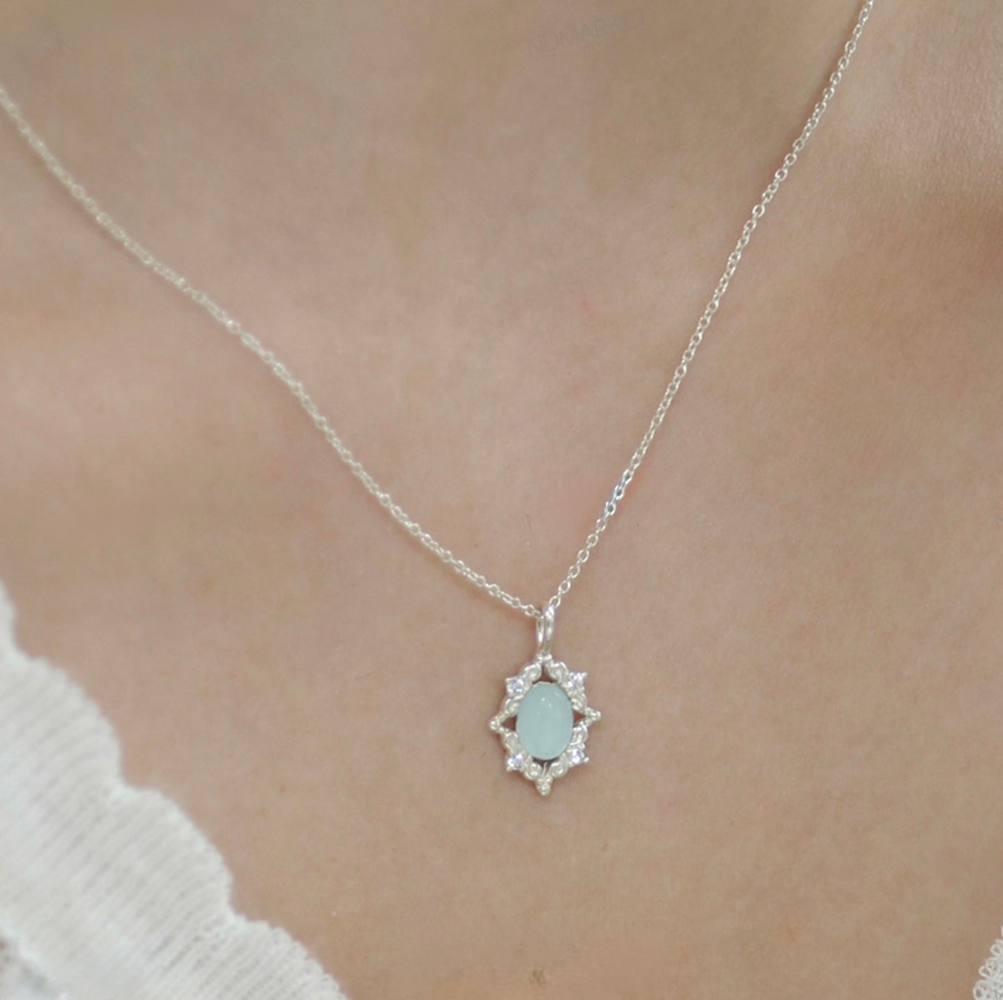 Sterling Silver Natural Stone Royal Romance Elegant Korean Necklace - Agate/Rose Quartz/Aquamarine Stone