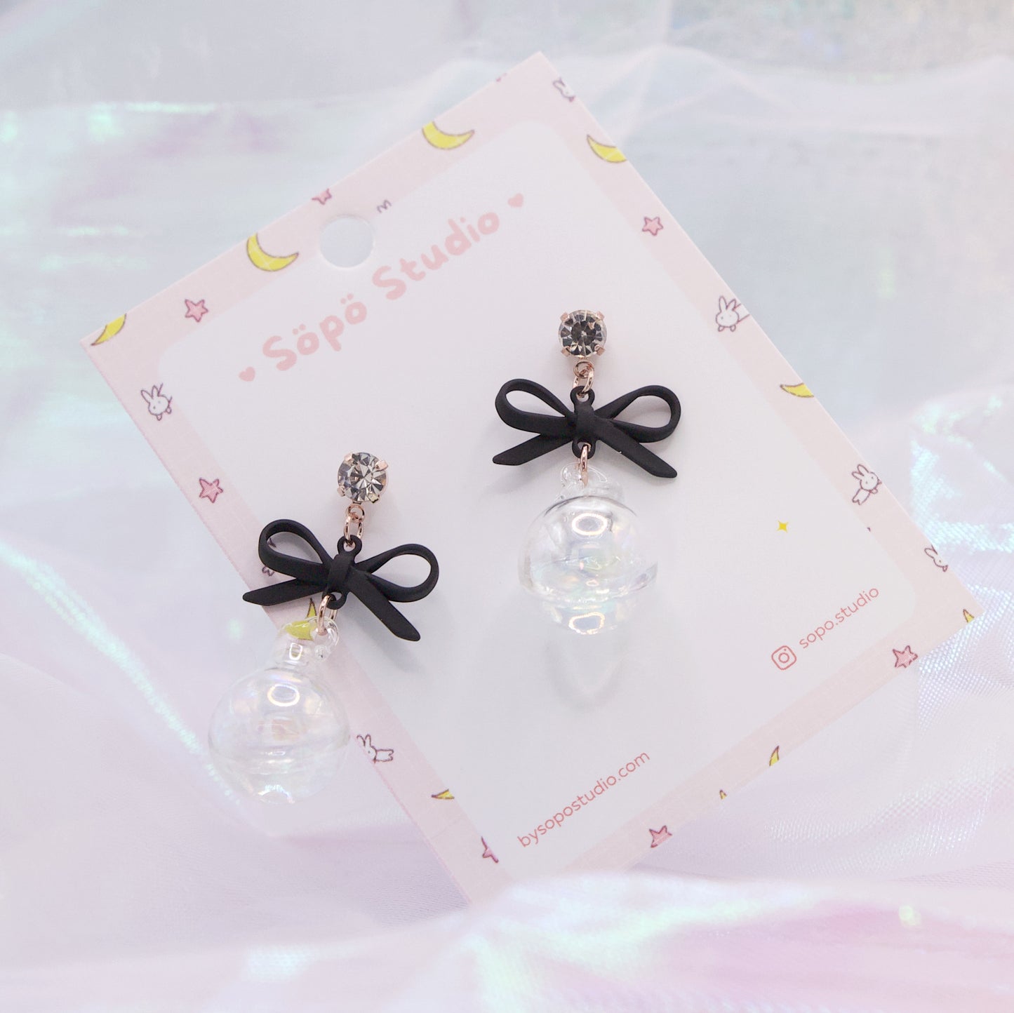 Black Petit Bow Magic Ornament Ball Dangle Earrings
