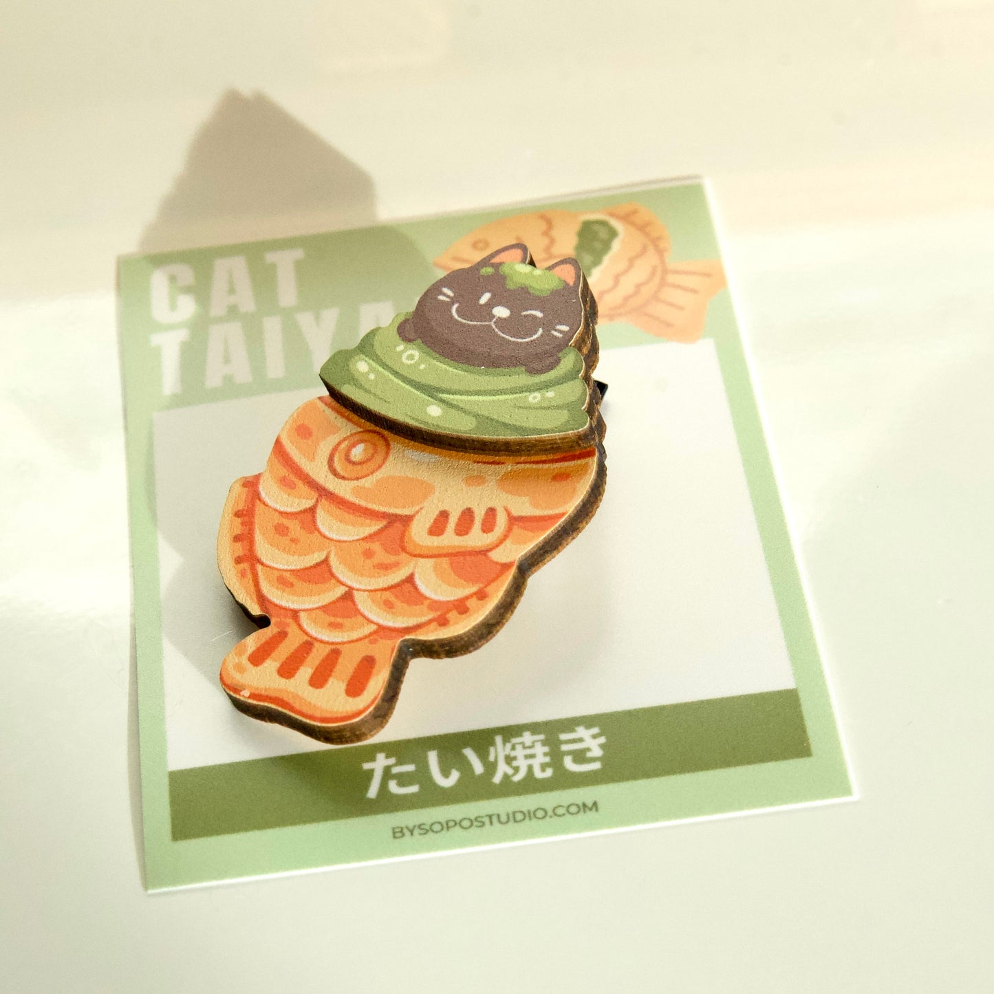 Japanese Food Ramen Taiyaki Black Cat Wooden Pin - 2 layers