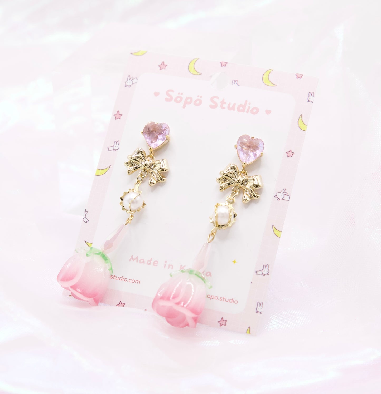 Fairycore Tulip Ribbon Dangle Korean Dainty Style Earrings