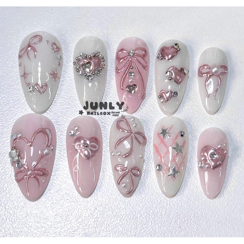 Y2K Mirror Effect Heart Charm Ribbon Handmade Press-on Nails