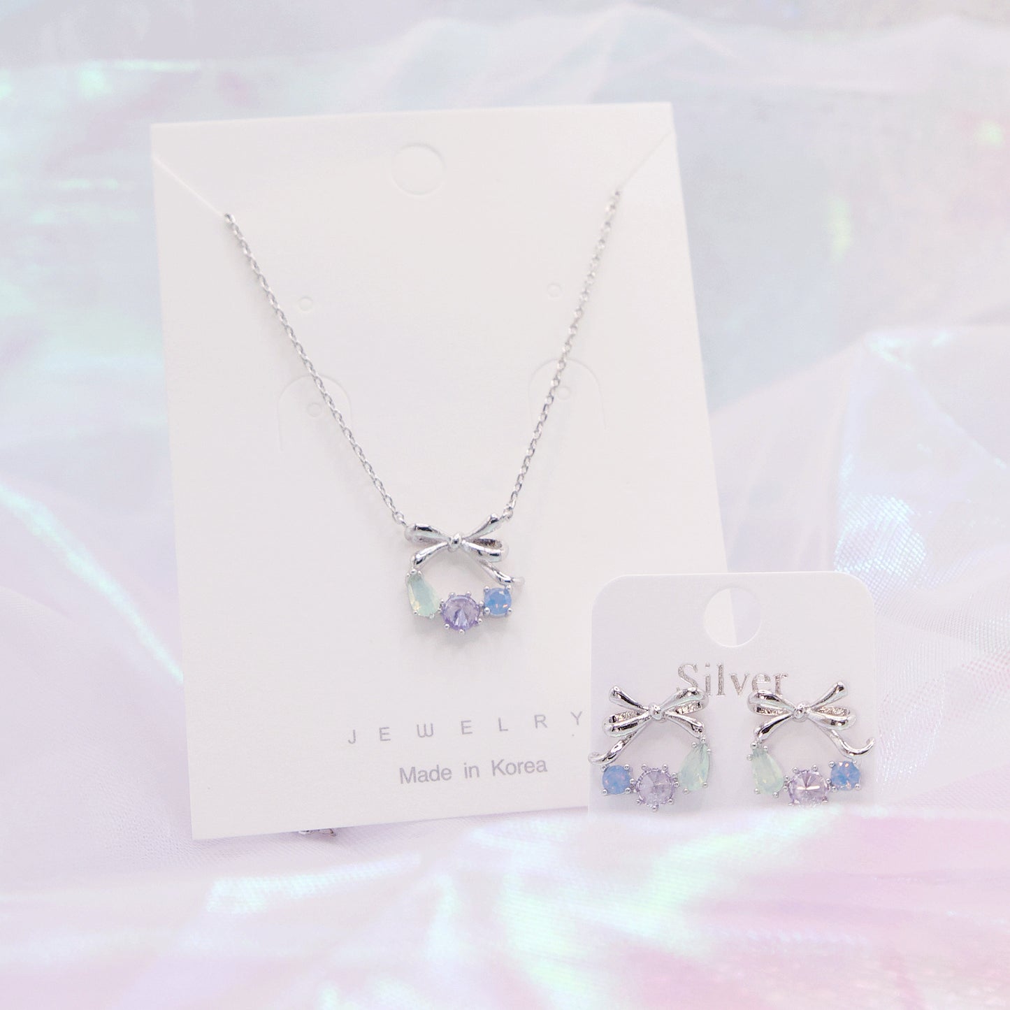 Christmas Gift Set Cute Blue Ribbon Wreath Cryatal Earrings - Necklace