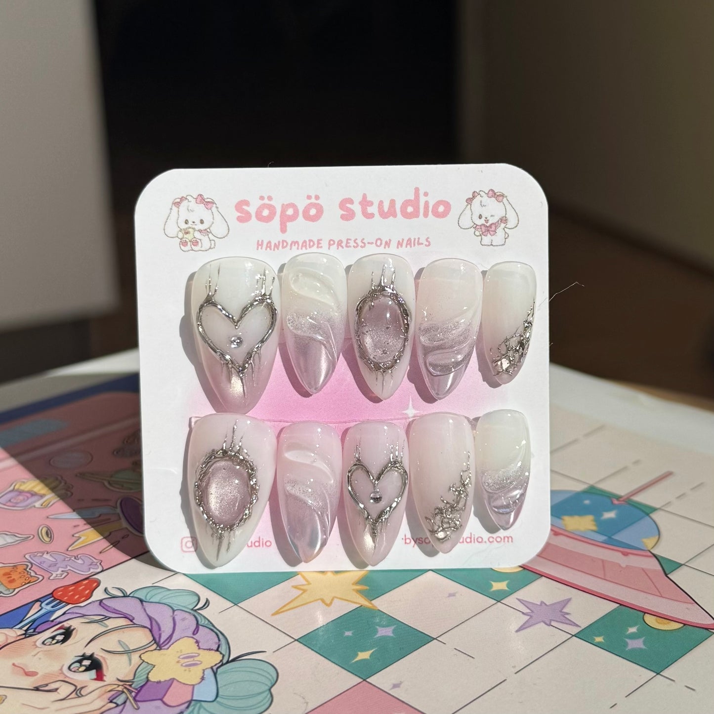 Glass Pastel Purple Metalic Heart Handmade Press-on Nails