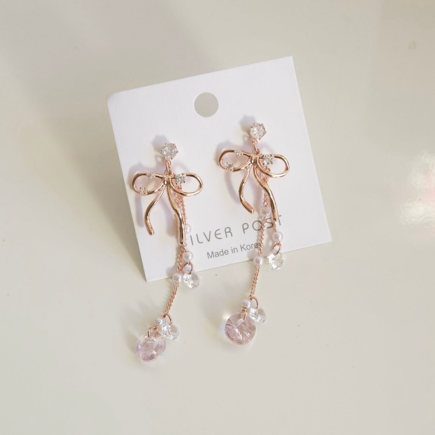 Korean Rose Gold Ribbon Crystal Chained Drop Earrings - Silver posts