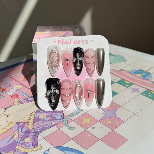 Metalic Star Black Pink Handmade Press-on Nails