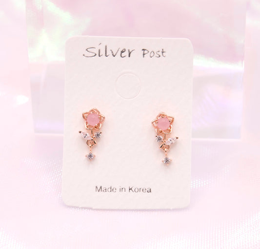 Korean Petit Pink Flower Drop Studs Earrings