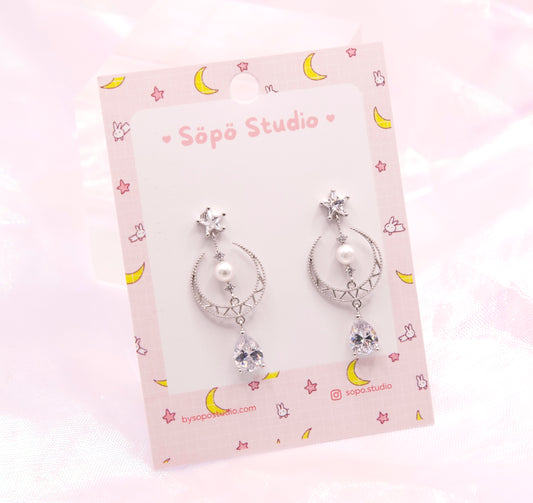 Dainty Star Moon Romantic Korean Style Pearl Drop Earrings