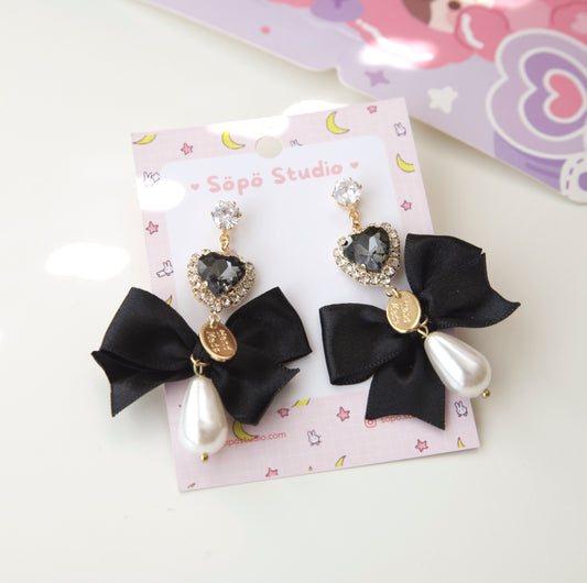 Crystal Heart Ribbon Pearl Lolita Dangle Earrings