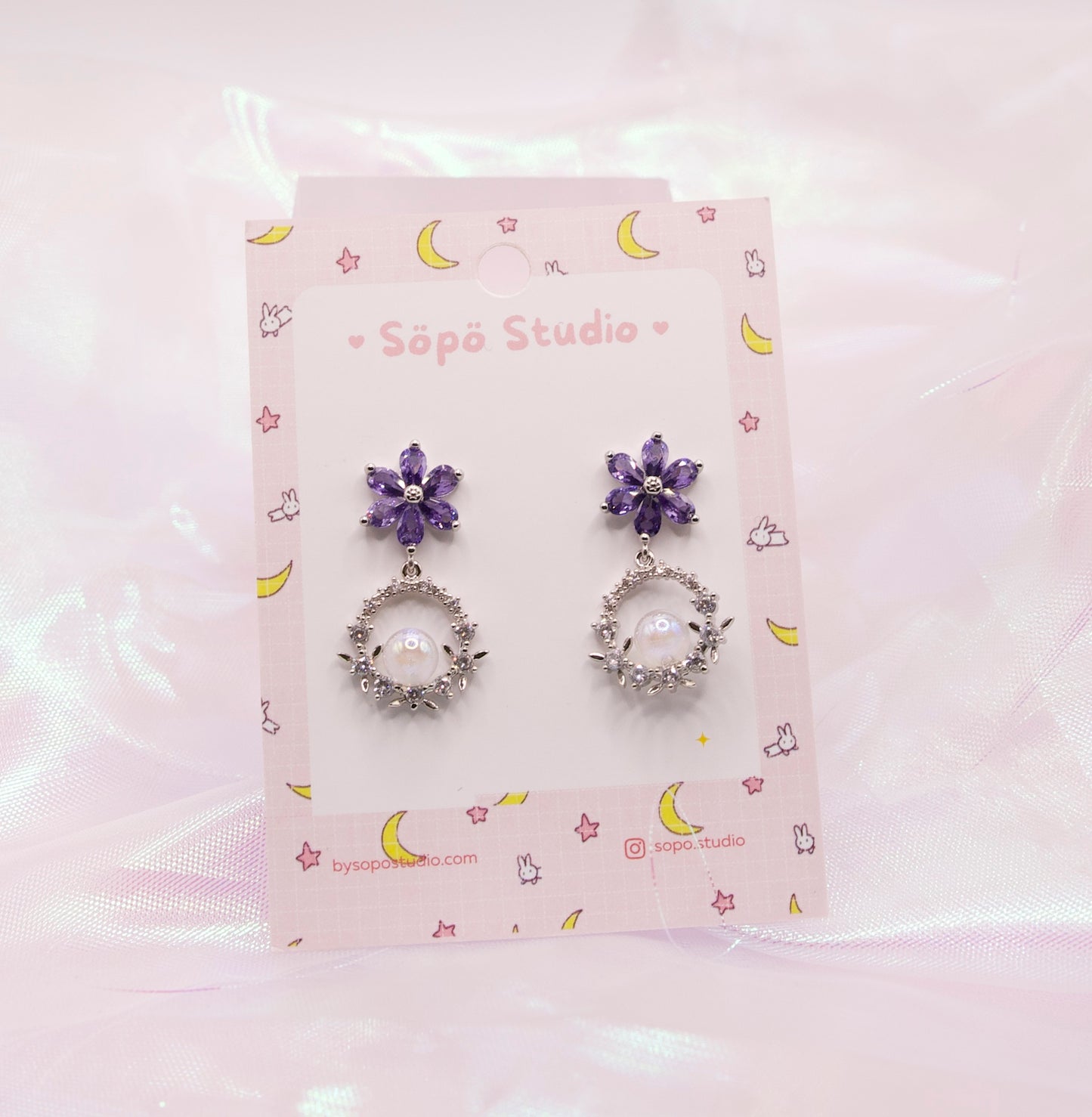 Dainty Korean Crystal Purple Flower Pearl Drop Dangle Earrings