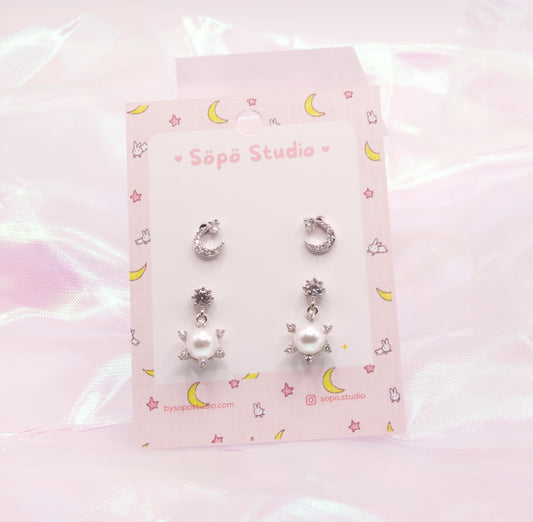 Korean Moon Sun Pearl Studs Dainty Style Earrings Set