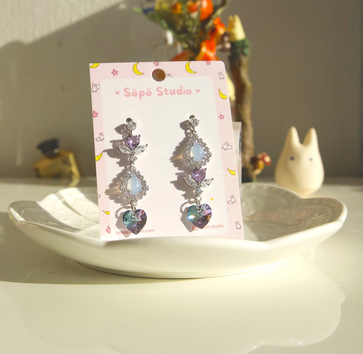 Mis-matched Crystal Hologram Heart Drop Dangle Earrings