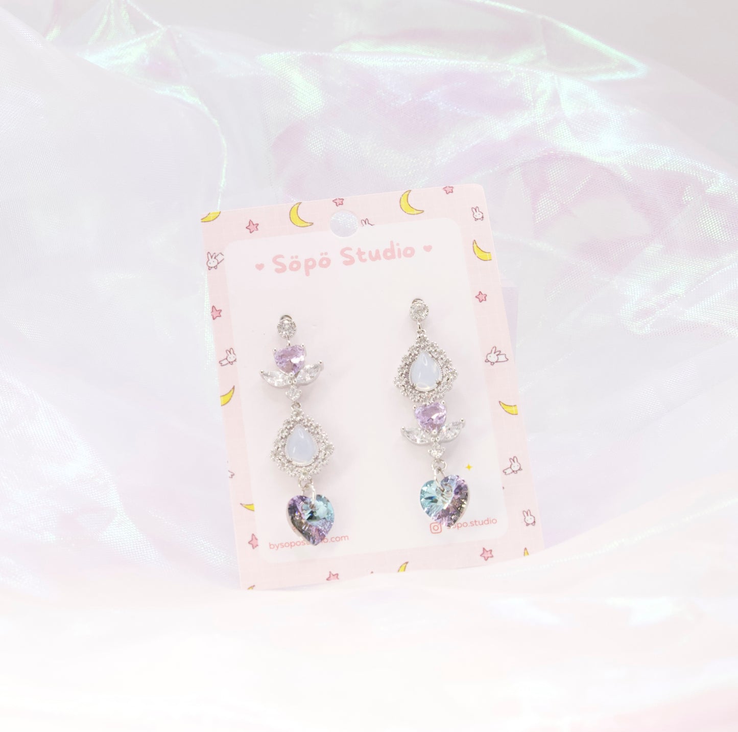 Mis-matched Crystal Hologram Heart Drop Dangle Earrings