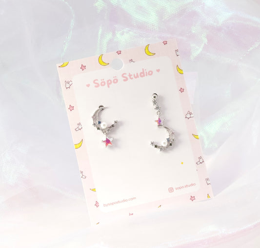 Mis-matched Moon Star Crystal Magical Silver Studs Cute Dangle Earrings