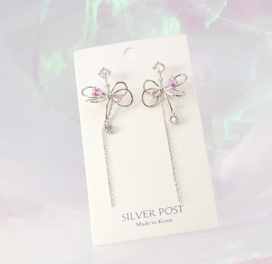 Dainty Ribbon Crystal Chain Drop Silver Posts