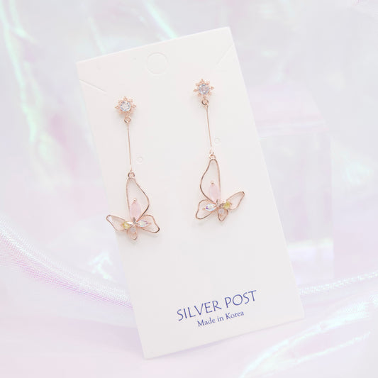 Korean Pink Pastel Crystal Butterfly Dangle Earrings