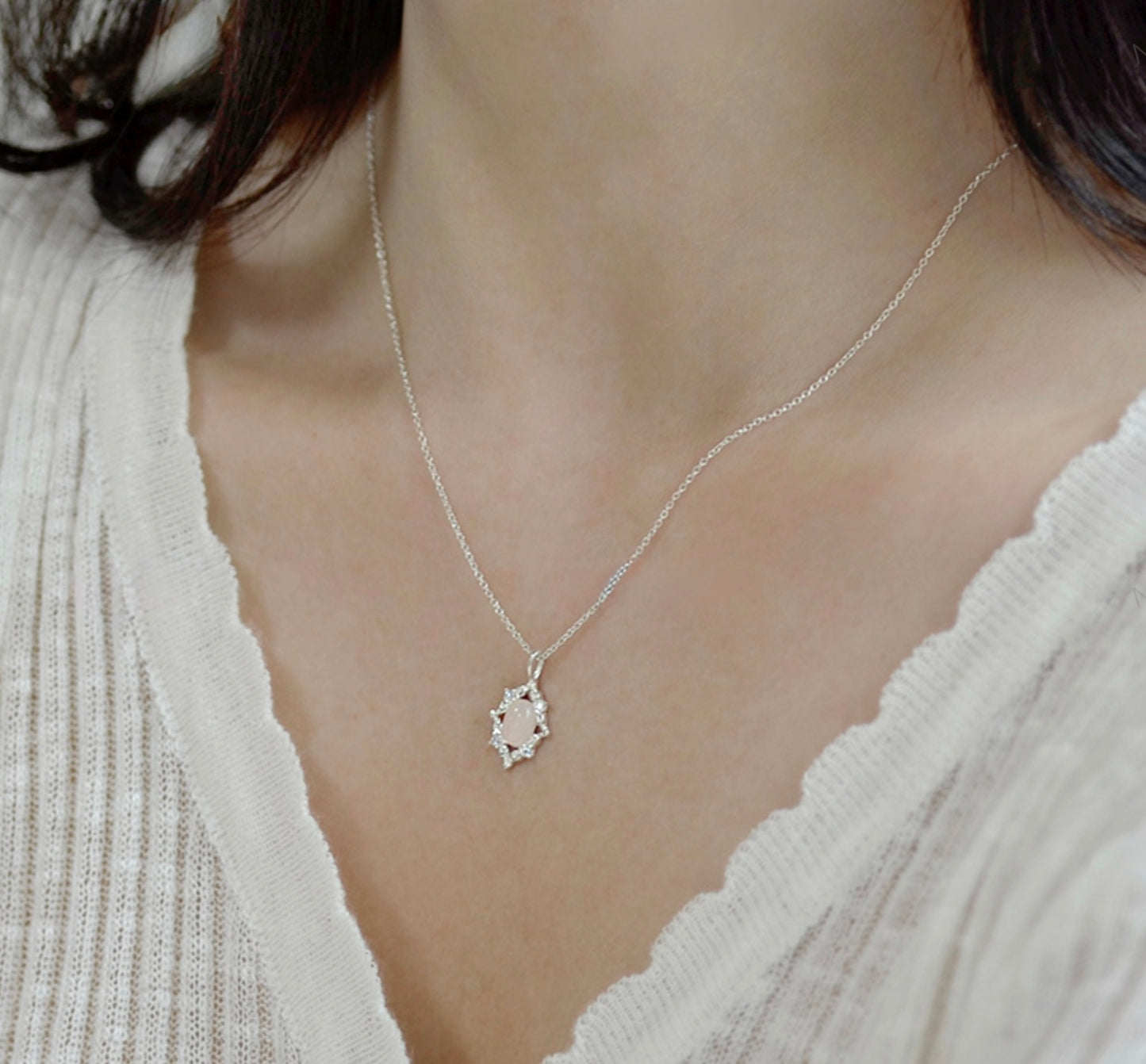 Sterling Silver Natural Stone Royal Romance Elegant Korean Necklace - Agate/Rose Quartz/Aquamarine Stone
