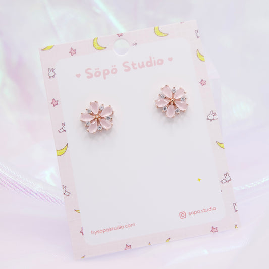 Elegance Crystal Pink Sakura Korean Style Studs Earrings