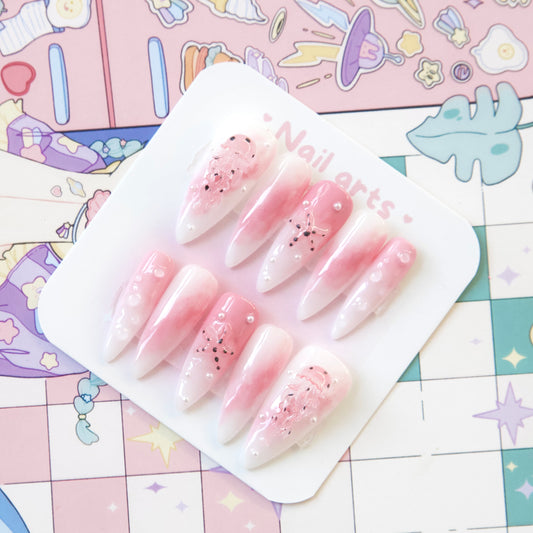 Pink Dot Jellyfish Ocean Themed Hand Draw Handmade Press-on Nails