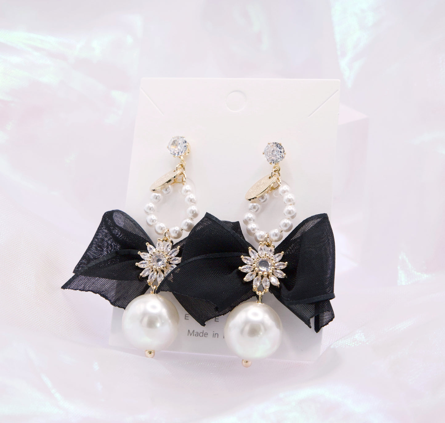 Crystal Charm Bow Pearl Drop Statement Korean Earrings