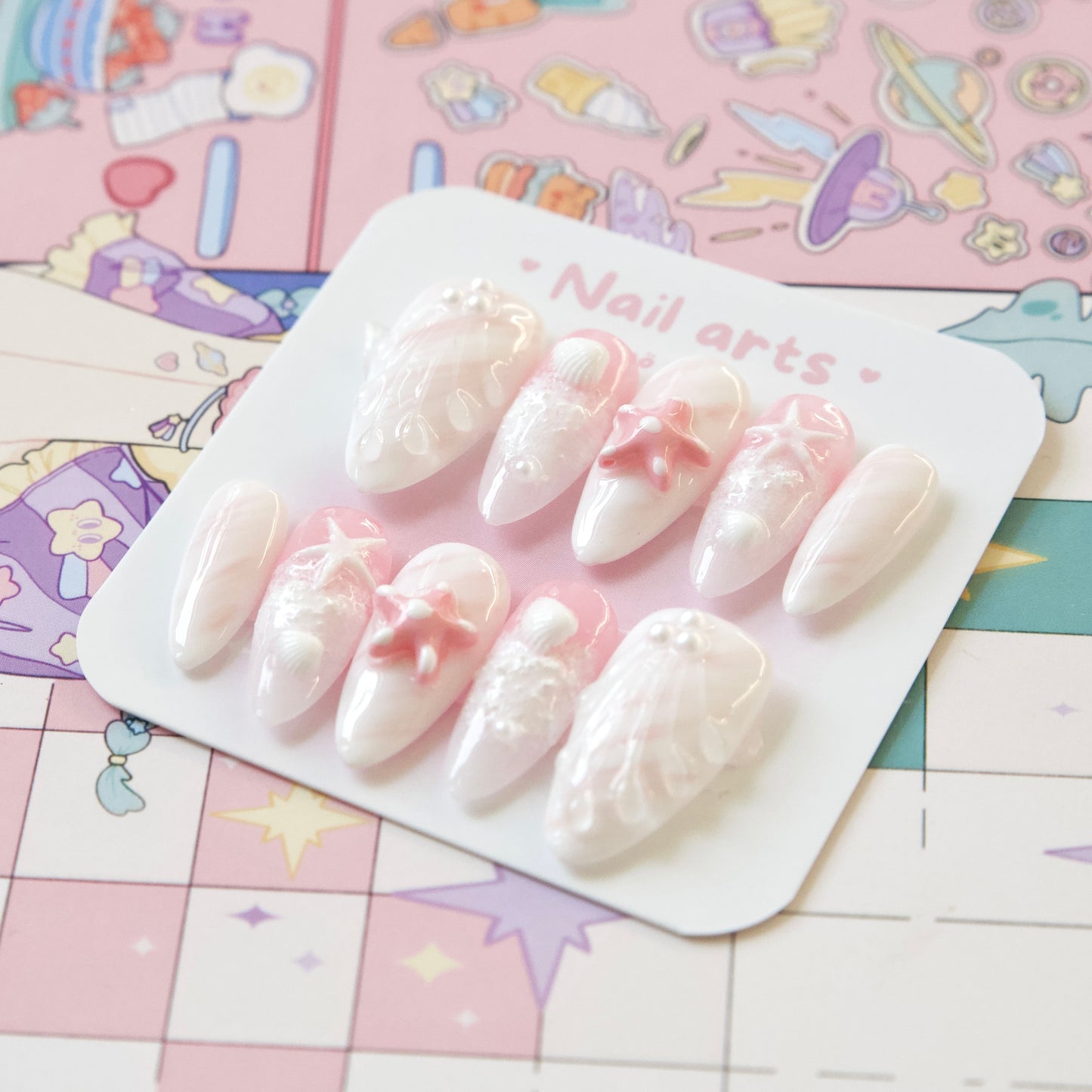Pastel Pink Shellfish Ocean Themed Hand Draw Handmade Press-on Nails