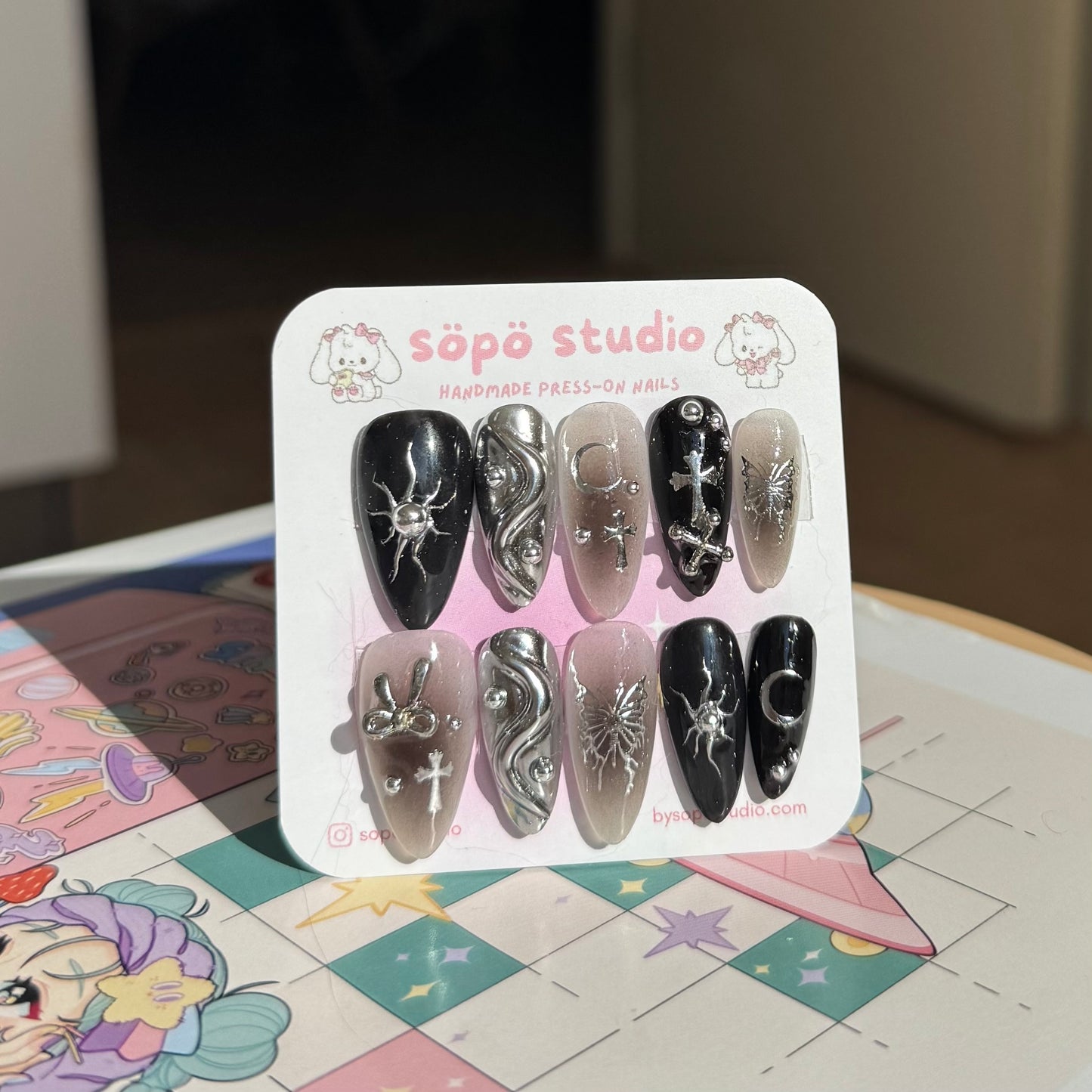 Celestial Chrome Butterfly Moon Handmade Press-on Nails