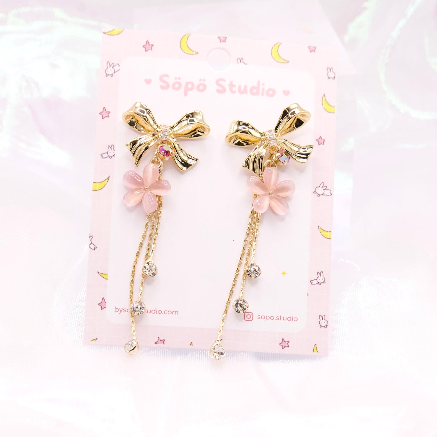 Ribbon Sakura Chain Drop Dangle Korean Earrings