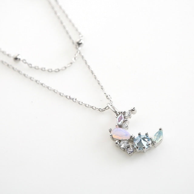 Layer Crystal Crescent Moon Cute Korean Necklace - 2 colors