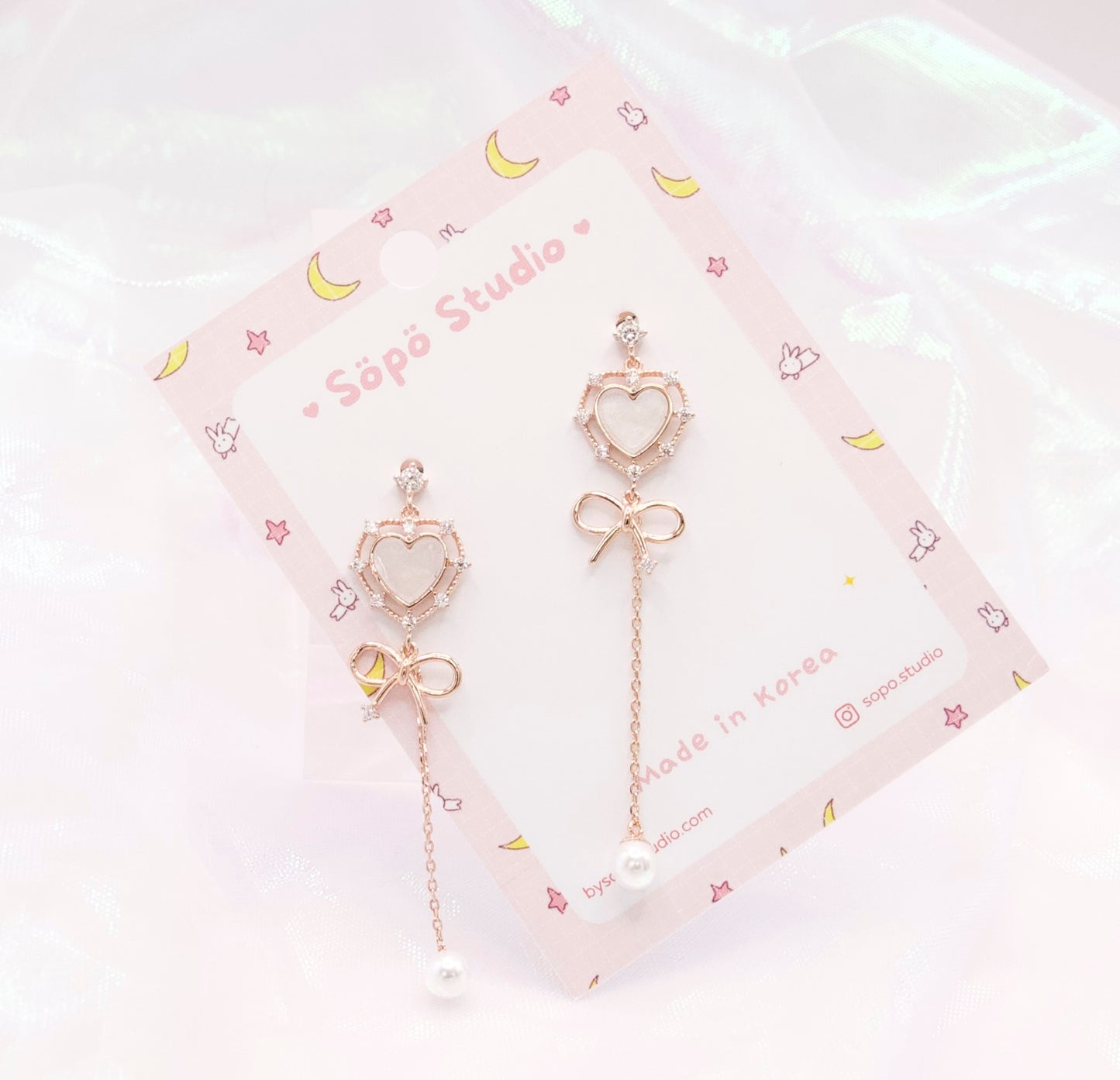 Kawaii Heart Ribbon Rose Gold Dangle Korean Dainty Style Earrings