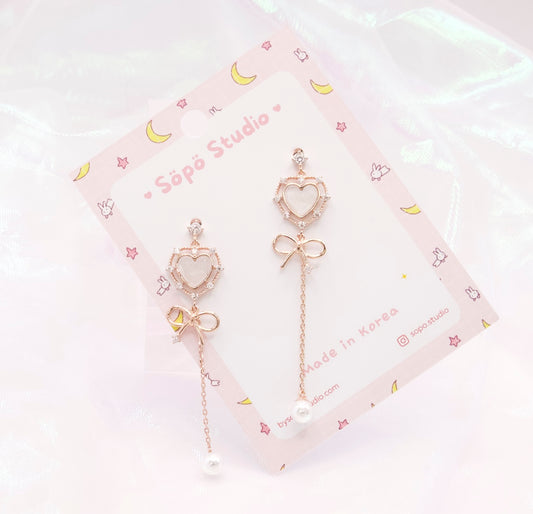 Kawaii Heart Ribbon Rose Gold Dangle Korean Dainty Style Earrings