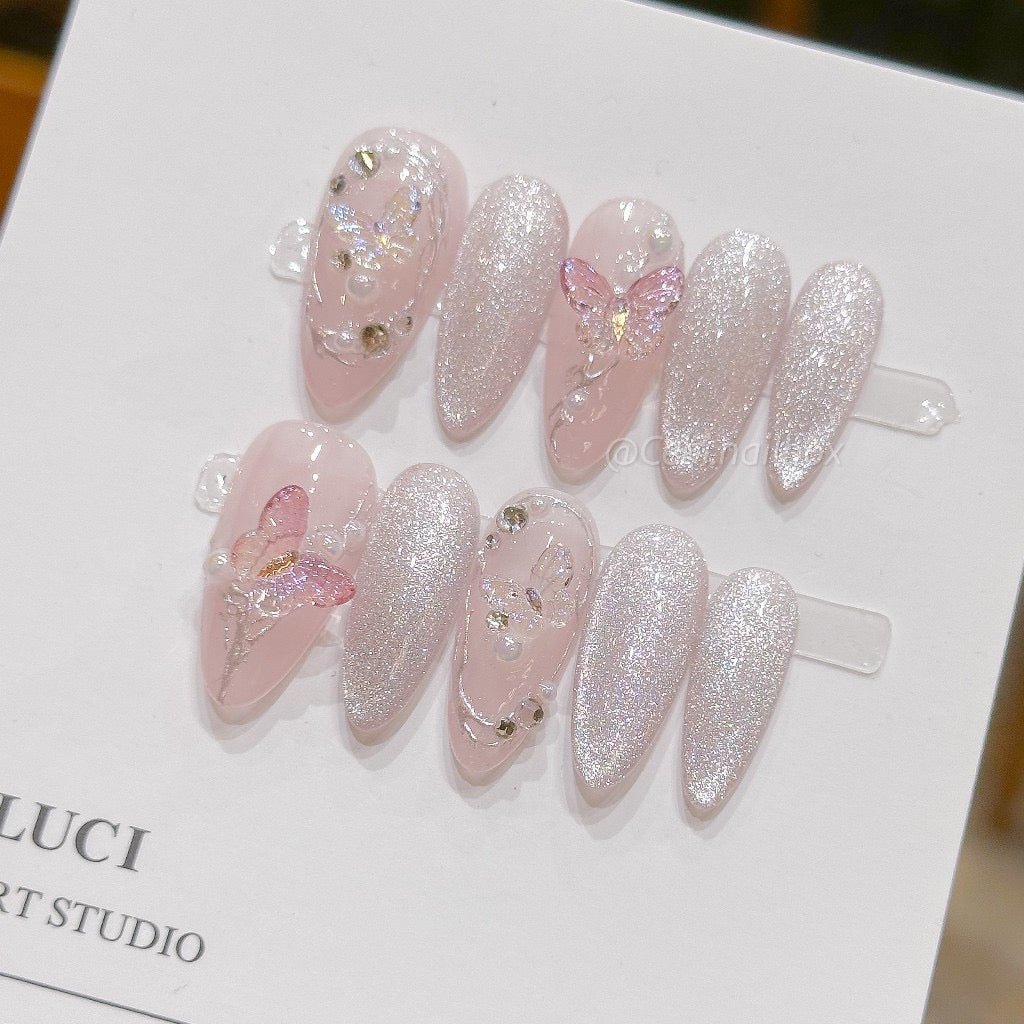 Handmade Glitter Korean Style Butterfly Cute Pink Press-on Nails