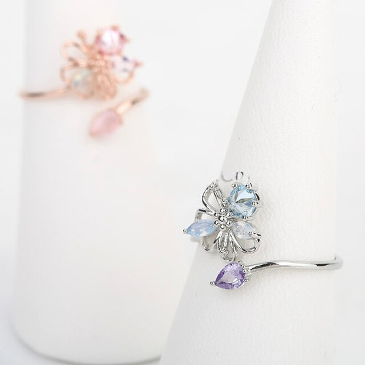 Crystal Flower Adjustable Ring Made in Korea - 2 colors