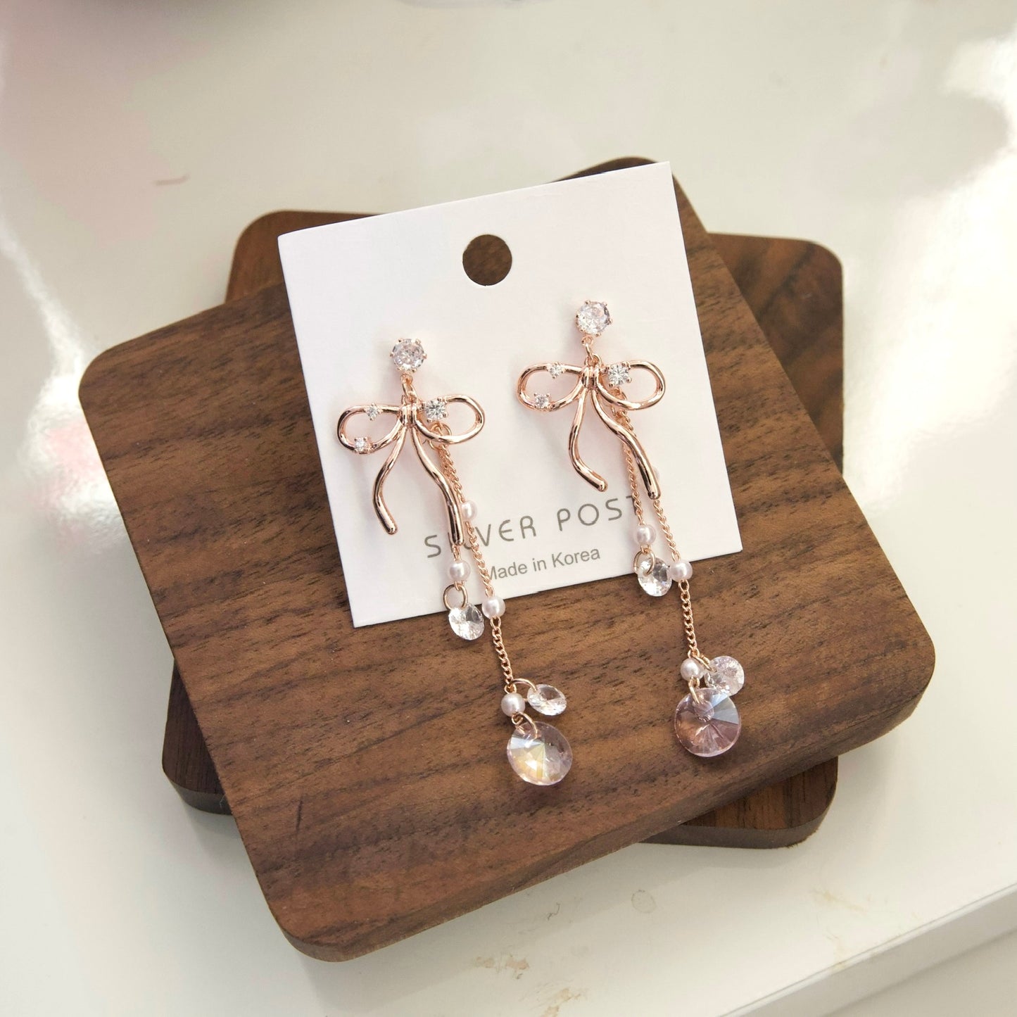 Korean Rose Gold Ribbon Crystal Chained Drop Earrings - Silver posts