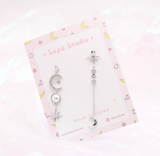 Mis-matched Moon Star Dangle Korean Dainty Style Earrings