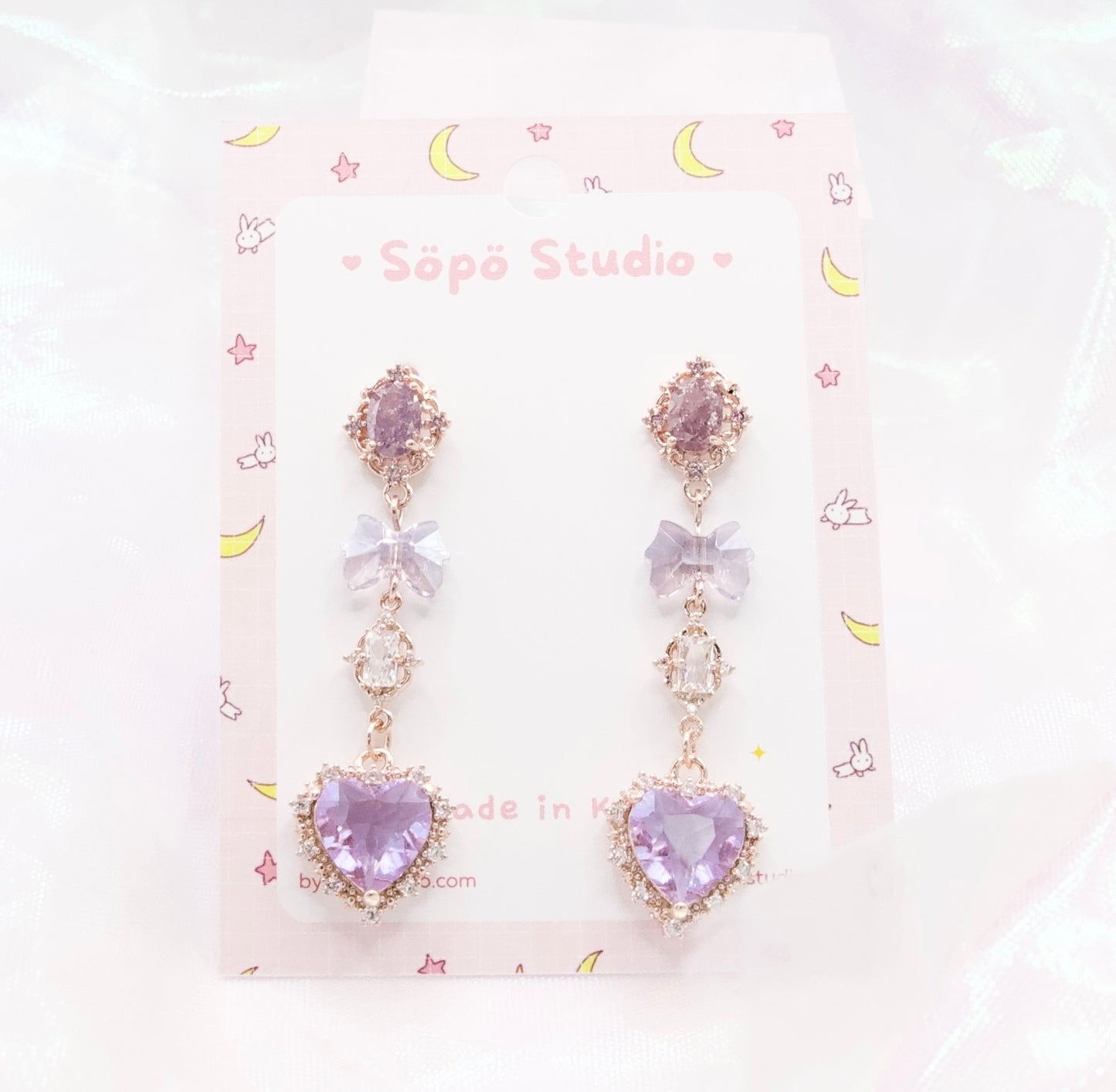 Pastel Purple Heart CZ Kawaii Dangle Korean Dainty Style Earrings