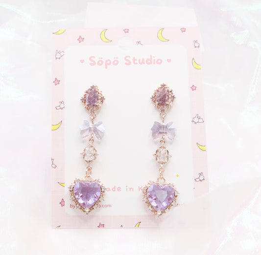 Pastel Purple Heart CZ Kawaii Dangle Korean Dainty Style Earrings