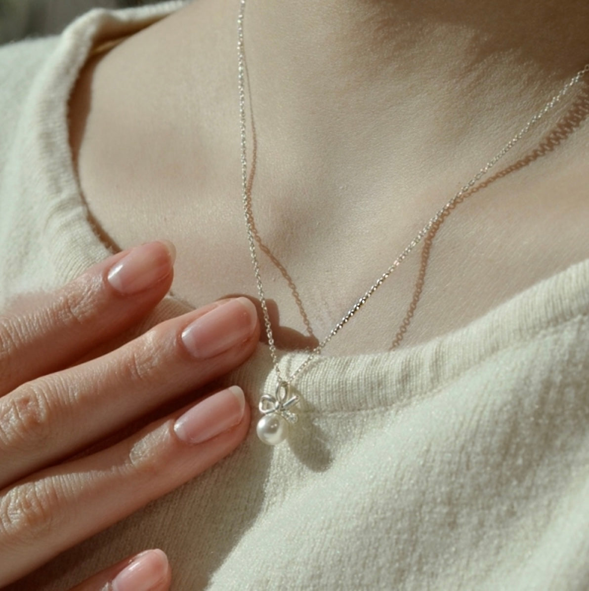 Sterling Silver Ribbon Swallow Pearl Elegant Korean Necklace