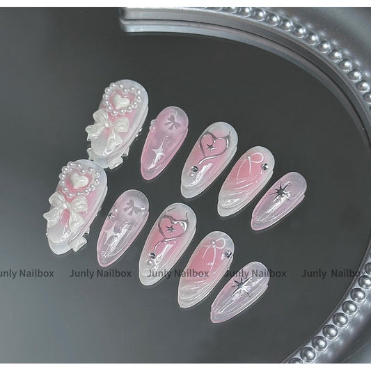 Y2K Coquette Heart Ribbon Pastel Pink Handmade Press-on Nails