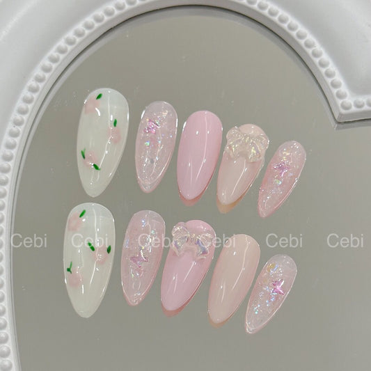 Peach Y2K Pastel Ribbon Handmade Press-on Nails