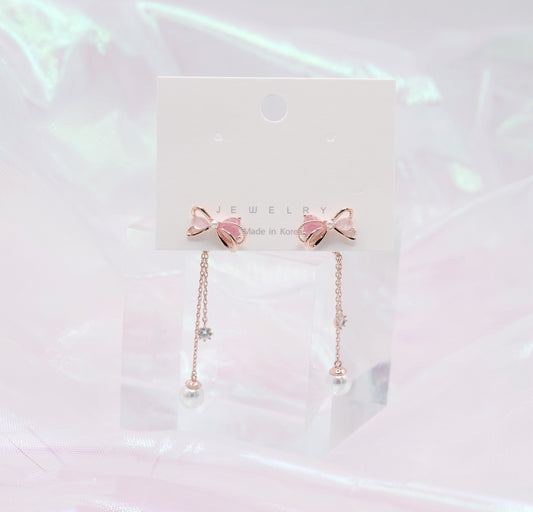 Cute Petit Pink Ribbon Pearls Chain Drop Earrings