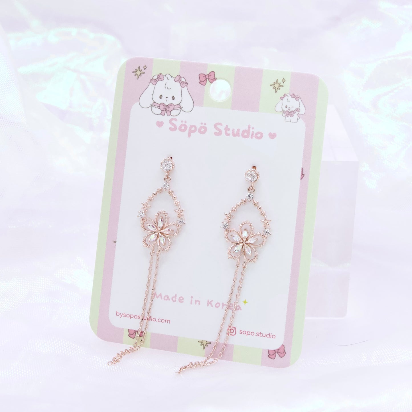 Glass Flower Cute Korean Dainty Style Chain Drops Earrings - 2 Colors
